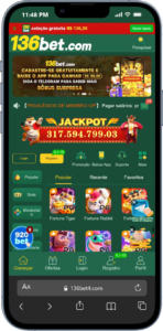 Imagem de um telefone exibindo o aplicativo da 136bet aberto na tela do celular