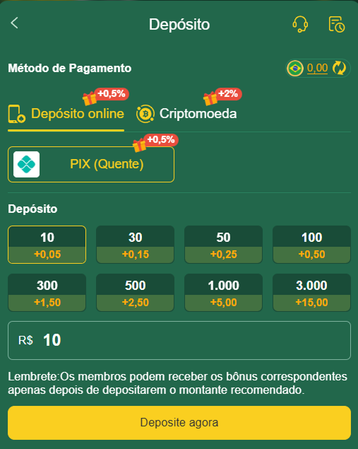 Imagem do aplicativo da 136bet mostrando a tela de depósito e opções para adicionar saldo na conta